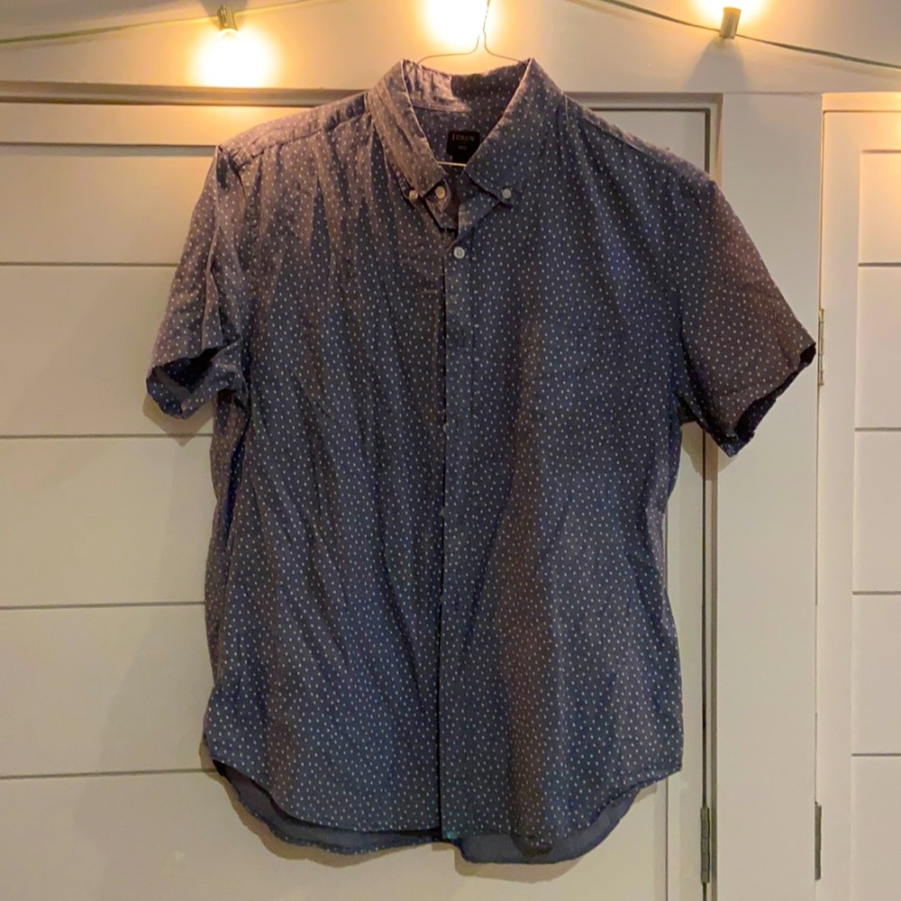 Men’s Large grey dress shirt with white polka dots.